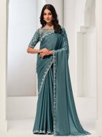 Dusty Blue Crepe Satin Silk Saree